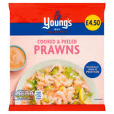 A pack of Young's Cooked & Peeled Prawns (180g) priced at £4.50 features prawns on a plate with greens, lemon, and a side dip.